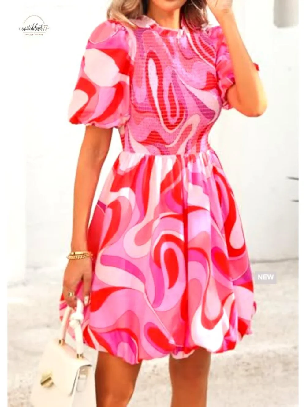 Cotton Smocked Mini Dress Puff Sleeve Boho A-Line Summer Casual - Picture 3 of 7